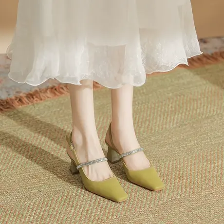 2023夏季新款方头包头凉鞋一字带水钻后空凉鞋气质仙女细跟高跟鞋商品大图