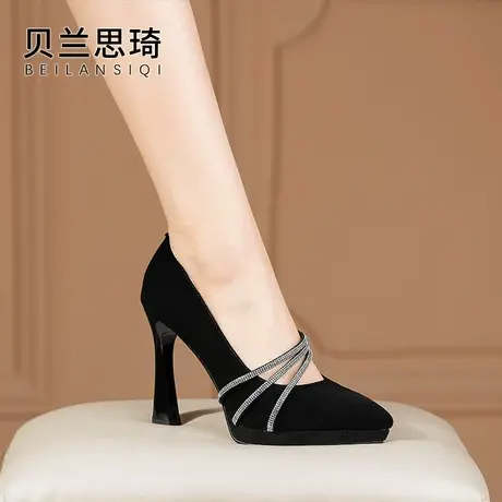 磨砂真皮水钻浅口尖头细跟单鞋女2023春秋季新款性感防水台高跟鞋图片