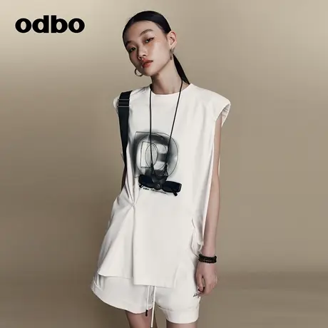 odbo/欧迪比欧原创设计时尚印花白色背心女夏季新款宽松上衣商品大图