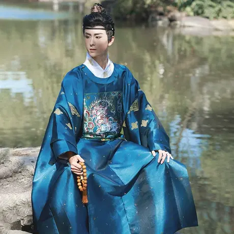 【如梦霓裳丨混沌】唐制汉服男装圆领袍暗纹织金青蓝中长款春秋季图片