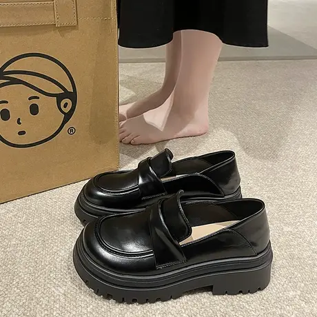 黑色厚底小皮鞋女2024年春季新款复古英伦风百搭粗跟乐福鞋ins潮图片