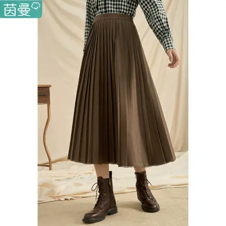 茵曼旗舰店半身裙春冬女2023新款百褶裙气质复古百搭中长款裙子图片