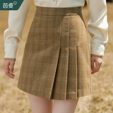 茵曼复古毛呢格子半身裙女2023秋冬新款高腰显瘦a字百褶裙短裙子商品大图