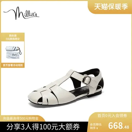 妙丽夏季法式猪笼凉鞋时尚复古真皮百搭休闲罗马鞋平底女VNI03BL3图片