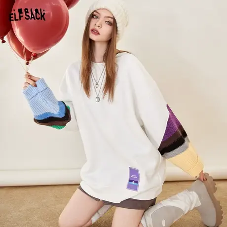 妖精的口袋撞色拼接加绒卫衣外套女2022秋冬季新款圆领松弛设计感商品大图