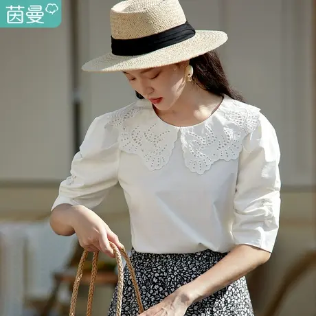茵曼短袖衬衫女春季2023新款蕾丝薄款衬衣翻领休闲五分袖百搭上衣图片