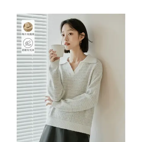 茵曼条纹毛衣2023冬季女装新款撞色剪刀领珠片长袖宽松保暖针织衫图片