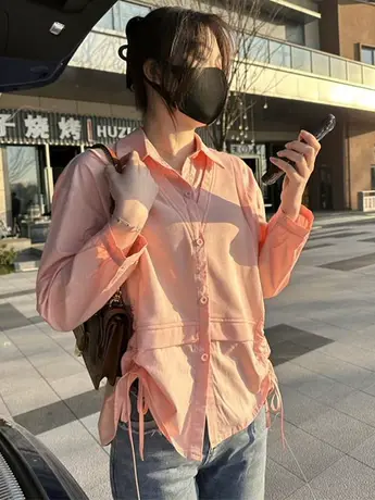 时尚设计感针织拼接针织衬衫外套女2023春季款韩版宽松休闲衬衣女商品大图