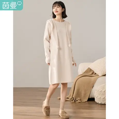茵曼气质针织圆领连衣裙女装2023年冬季新款高级提花围脖帽中长裙商品大图
