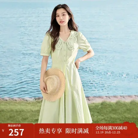 【商场同款】茵曼清新连衣裙2023夏女装新款V领灯笼袖抽褶上衣商品大图