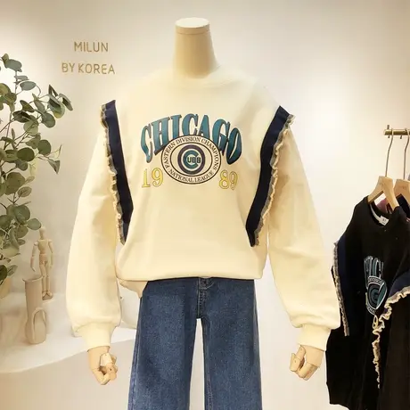 2020冬季新款韩国东大门加绒卫衣休闲复古字母拼接荷叶边上衣保暖商品大图