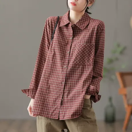 dza 复古格子口袋显瘦上衣女士长袖衬衣春季新款宽松衬衫休闲开衫图片