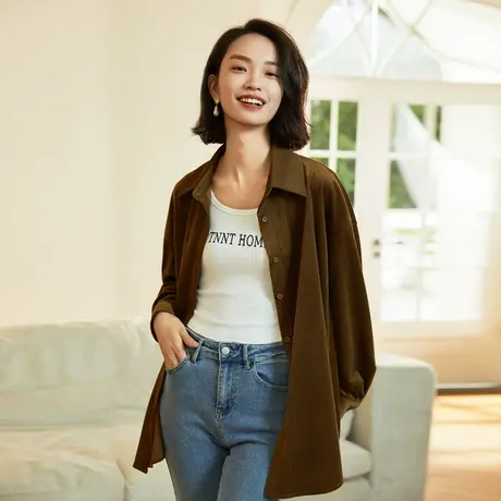 阿依莲灯芯绒春日衬衫春季2024新款女士装长袖衬衣POLO领宽松外套图片