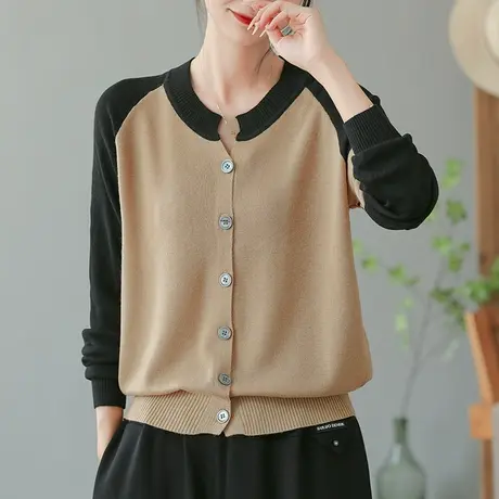 dza 复古拼接撞色棉线针织开衫女秋新款宽松毛衣外套休闲长袖上衣商品大图