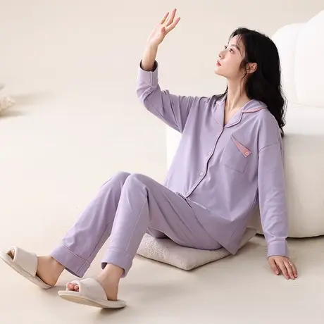 猫人纯棉睡衣女春秋季2023新款长袖开衫纯色家居服套装可外穿大码商品大图