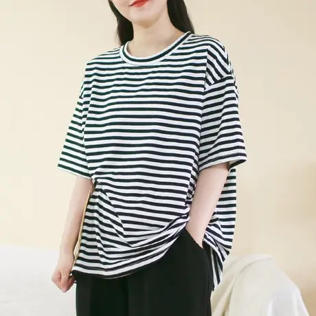 胖妹妹夏季清爽的条纹纯棉T恤 加大码2023新款韩系复古宽松短袖T商品大图