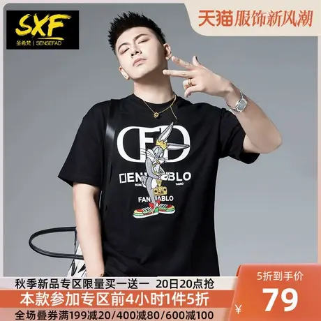 SXF圣希梵t恤男 2023新款重磅纯棉体恤兔子刺绣印花宽松男士短袖商品大图