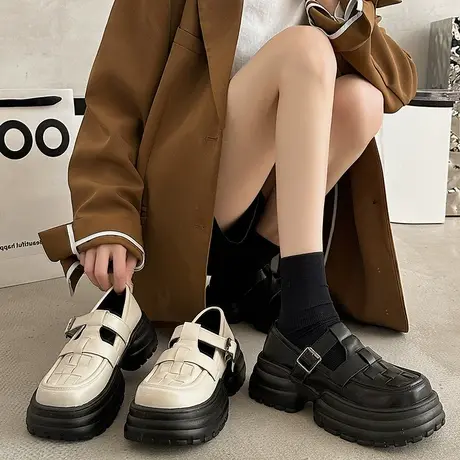 玛丽珍女鞋松糕厚底包头编织罗马小皮鞋2023新款春季日系方头单鞋商品大图