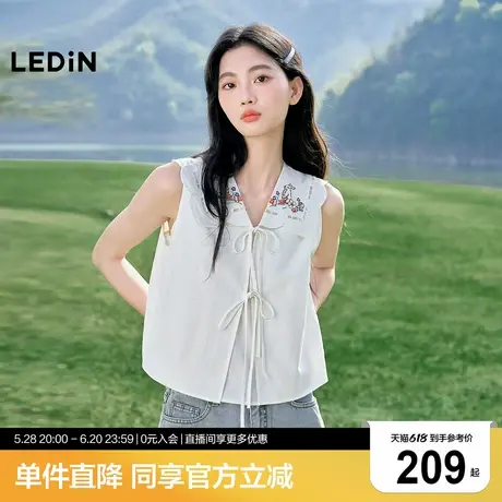 乐町翻领设计甜美系带上衣25年夏季新款刺绣图案无袖马甲造型小衫商品大图