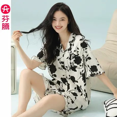 芬腾夏季睡衣女士纯棉薄款短袖短裤夏天凉感休闲可外穿家居服套装商品大图