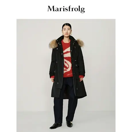 【兜帽设计棉服】玛丝菲尔冬季黑色收腰宽松棉服图片