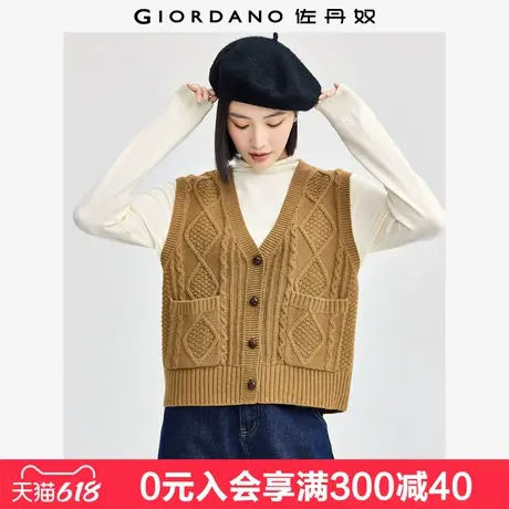 佐丹奴老钱风马甲女新款软糯肌理感复古绞花V领针织背心05354703商品大图