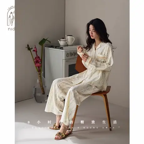 妮狄娅睡衣女春季纯棉长袖翻领开衫简约宽松可外穿春秋家居服套装商品大图