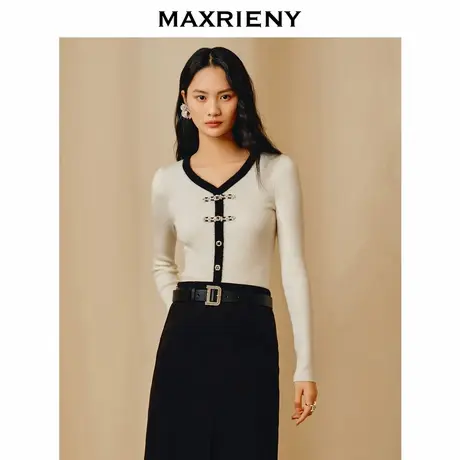 【奥莱】MAXRIENY国风新中式撞色边套头针织衫修身上衣商品大图