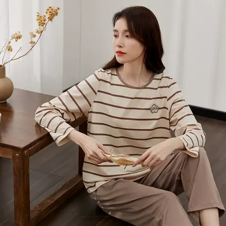 顶瓜瓜家居服女春秋款100%棉条纹微弹宽松柔软女士长袖套装顶呱呱商品大图