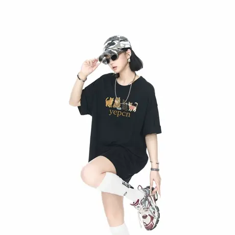 YEP美式复古猫咪印花宽松T恤女夏季2025新款复古街头情侣短袖上衣商品大图