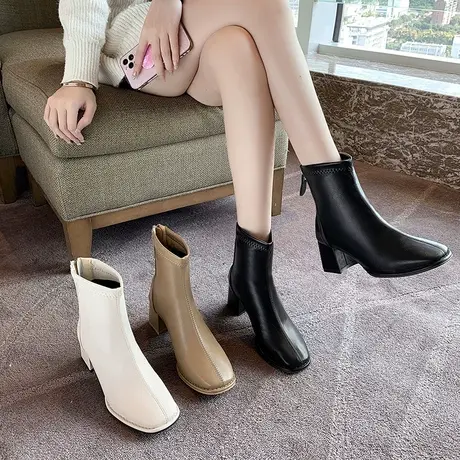 高跟小短靴子女2023年秋冬新款方头粗跟时装靴白色奶油靴春秋单靴图片
