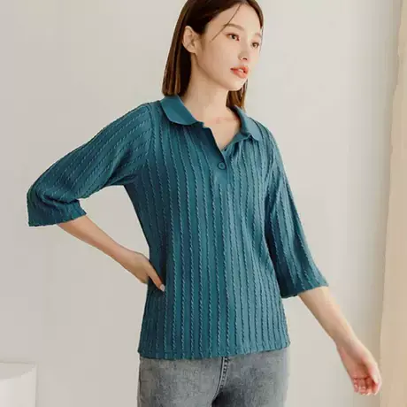 桔熊春秋季通勤简约休闲polo领立体纹理五分袖上衣女大码AB17667商品大图