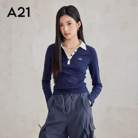 A21女装针织修身翻领半开筒长袖T恤收腰撞色弹力半开领打底衫上衣商品大图