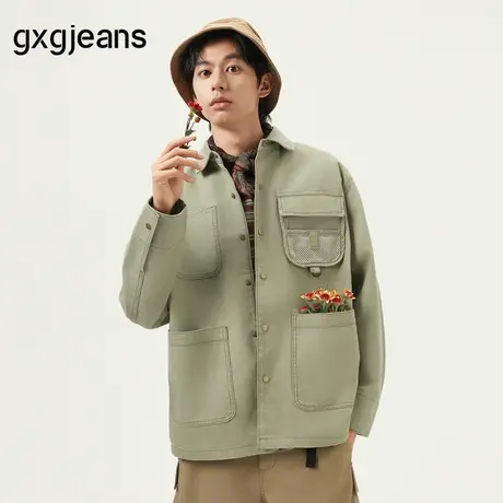 gxg.jeans男装 绿色多口袋工装时尚宽松牛仔夹克外套男25春秋新品图片