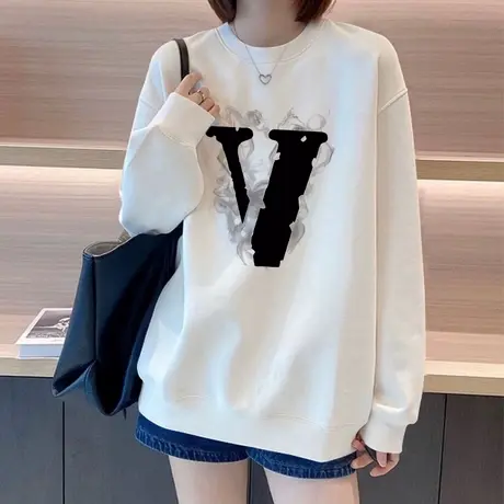 白色字母印花圆领卫衣女2025新款早秋季慵懒风宽松高级感显瘦上衣商品大图