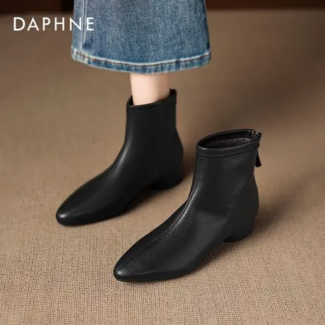 达芙妮尖头短靴女2026新款平底黑色靴子女秋冬瘦瘦靴切尔西马丁靴图片