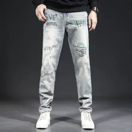 裤子潮牌痞帅炸街男潮流印花牛仔裤男直筒宽松复古美式休闲男裤子商品大图