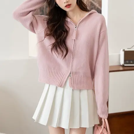 唐狮秋冬毛衣女百搭时尚设计感连帽针织开衫外套高级感毛线衫tu商品大图