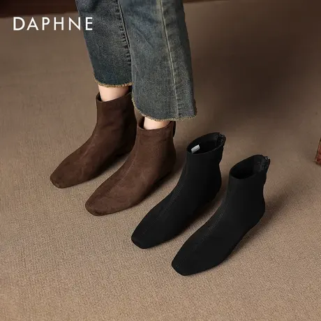 达芙妮绒面短靴女2026新款冬季加绒法式复古女士踝靴瘦瘦靴马丁靴商品大图
