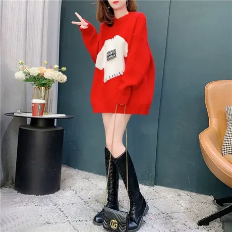 新年红色圆领毛衣女套头2022年春装新款宽松设计感小众针织衫上衣商品大图