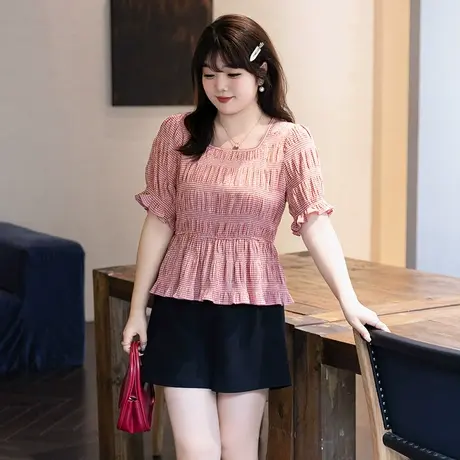 2023夏装新款方领气质小衫遮肚子收腰大码显瘦胖mm格子短袖上衣女商品大图