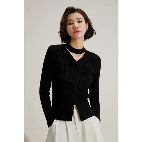 弥古v领针织衫女长袖2023新款秋冬黑色挂脖毛衣内搭修身打底上衣商品大图