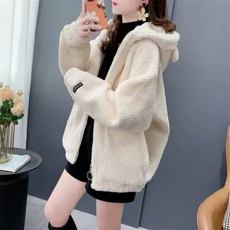 加绒加厚连帽卫衣开衫女2023新款秋冬宽松慵懒风百搭羊羔毛外套潮商品大图