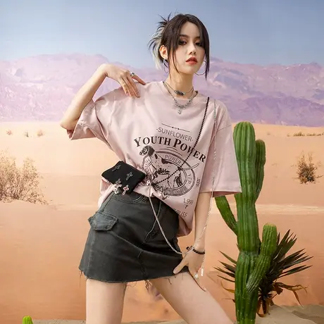 yep美式复古短袖脏粉色t恤女夏季宽松oversize设计感小众上衣潮牌商品大图