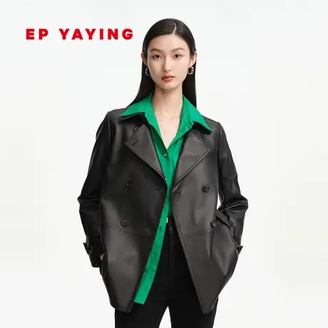 EP YAYING雅莹女装时尚绵羊皮黑色宽松翻领皮衣 商场同款P102A图片