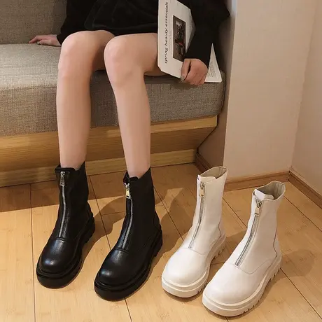 前拉链厚底短靴子女2023秋冬新款白色中筒靴瘦瘦靴爆款加绒马丁靴图片