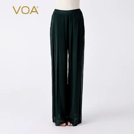 VOA桑蚕丝乔其纱墨绿色自然腰拼接提花不对称设计双层真丝直筒裤图片