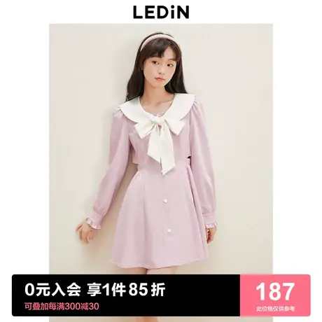 乐町学院收腰连衣裙2023春季女藕粉色甜美漏腰蝴蝶结裙子商品大图