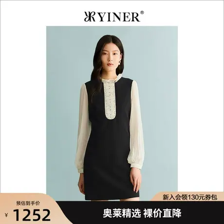 YINER音儿女装2023秋季新款轻甜假两件木耳花边连衣裙图片