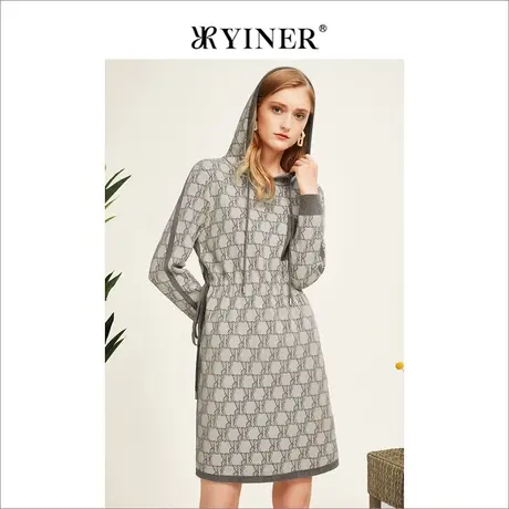 YINER音儿女装冬季抽绳收腰连帽羊毛连衣裙图片